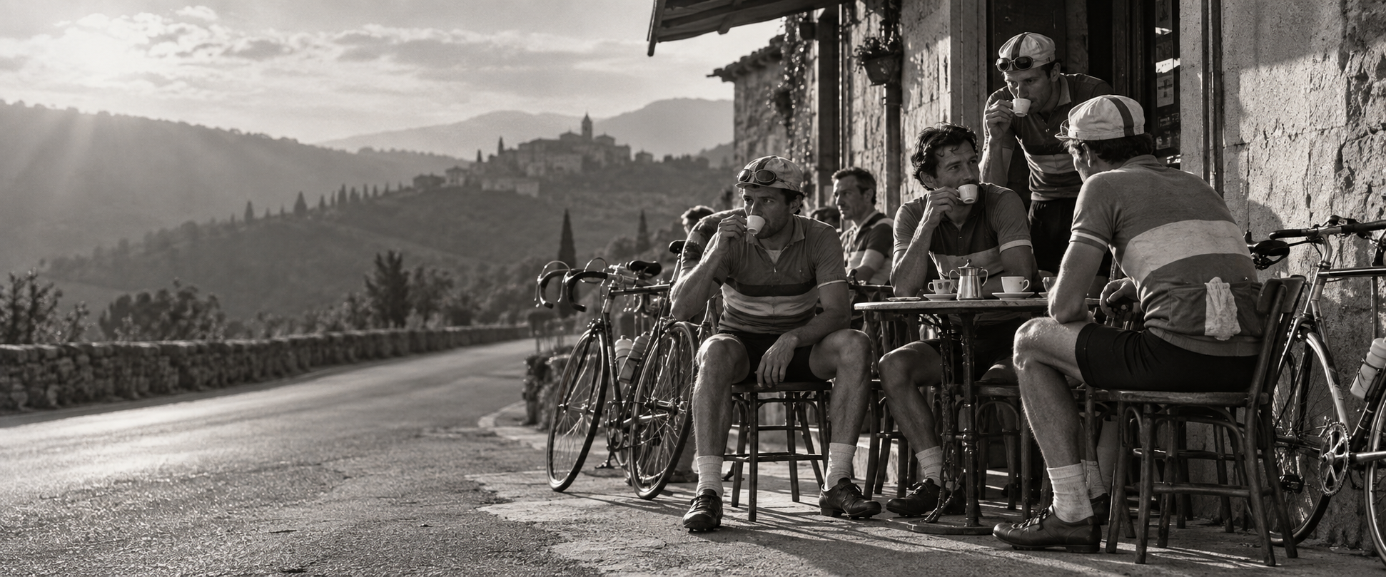 Vintage road cyclists sharing espresso outside a café