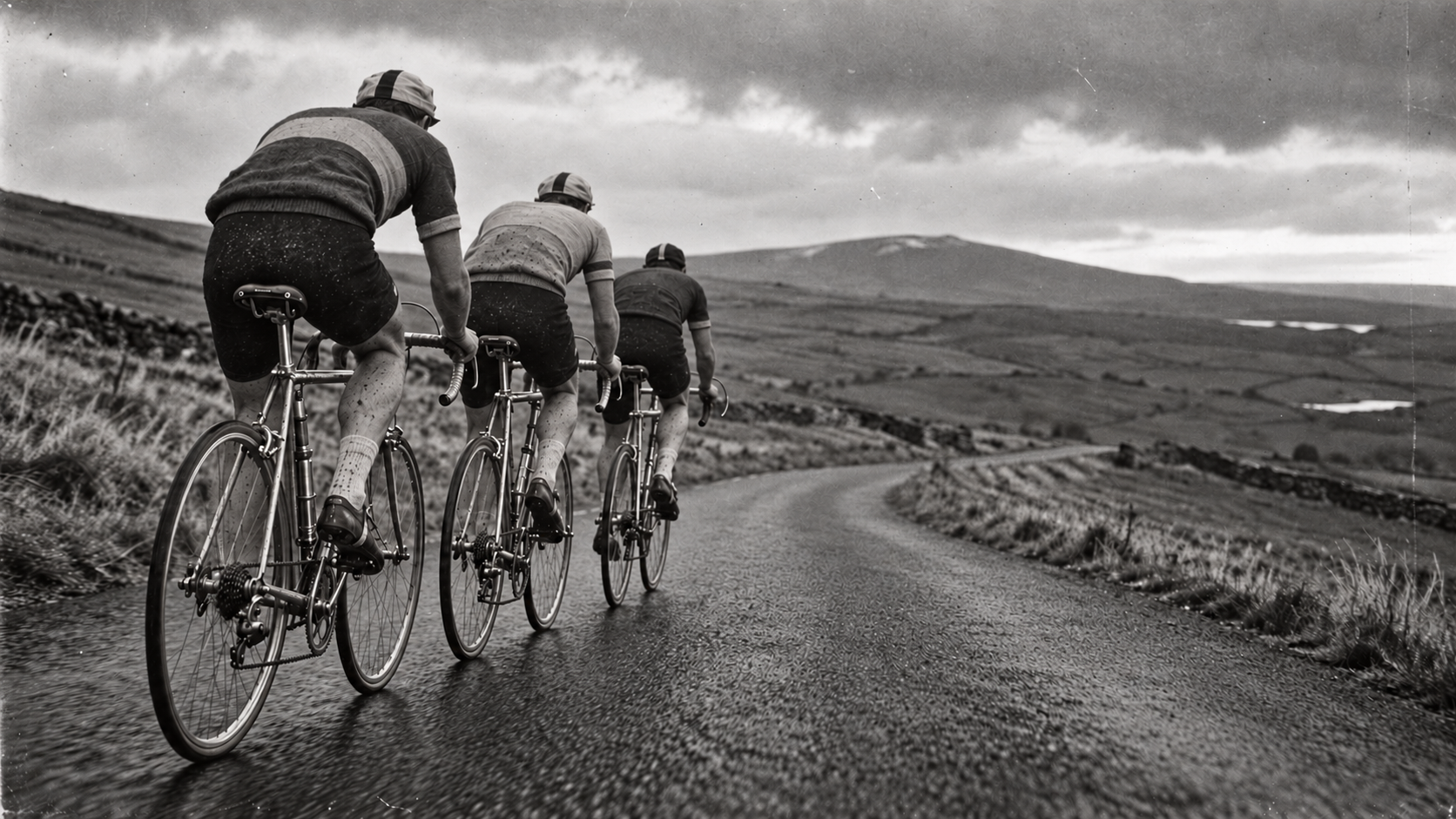 One cyclist helping another up beside their bicycles on a difficult country ride